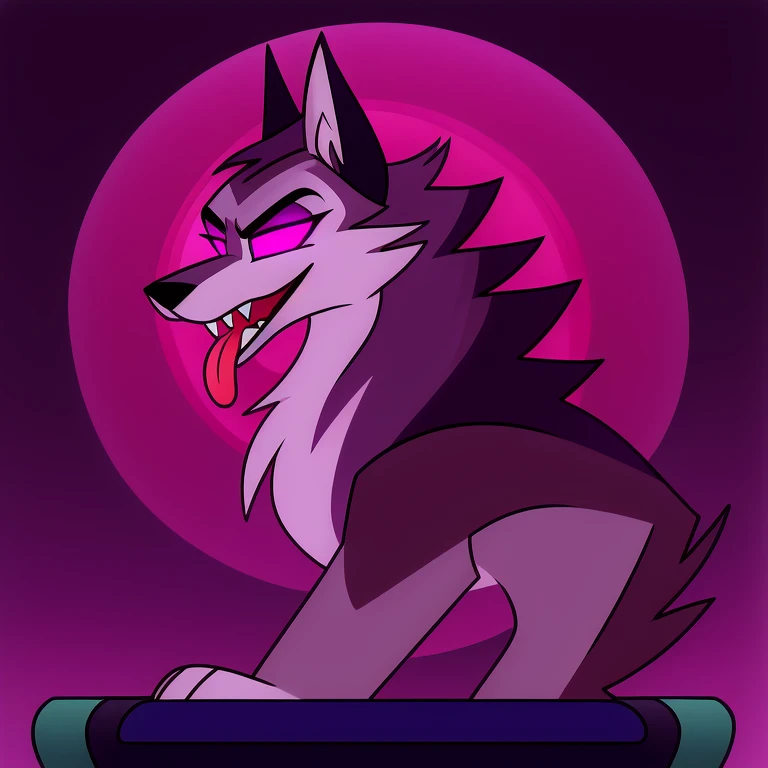 (masterpiece, best quality:1.2), Vortex hellhound, wolf, furry, helluva boss, hypnotized with completely spyral glowing purple eyes with no irises or pupils,tongue out, walking on a treadmill with arms extended in front like a zombie, full body image, profile picture