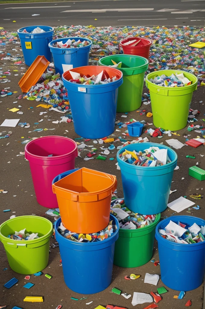 Create a vibrant and fun scene where players are actively sorting trash into colorful bins. Imagine containers labeled with different colors (Paper, plastic, glass, organic, etc.) and a variety of debris scattered on the ground. Participants, with enthusiasm and speed, They run to the correct containers to deposit each item of garbage. animated style