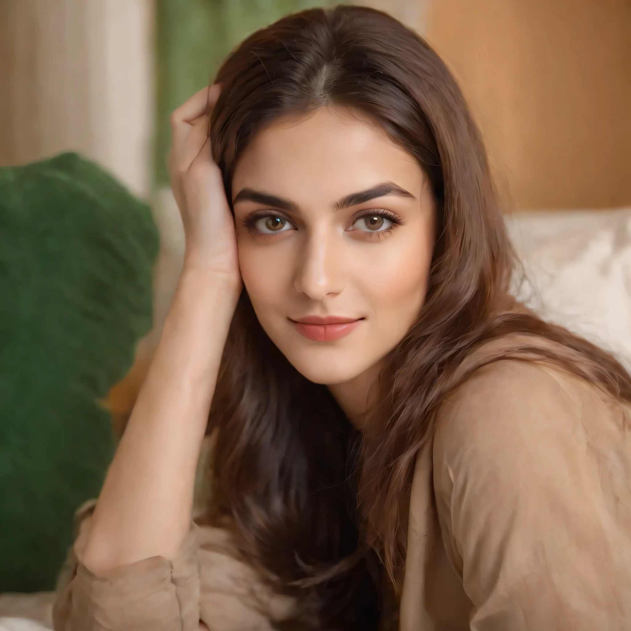 so beautiful Iranian girl with a wheatish complexion, an innocent and charming smile, large green eyes, wearing a red silky sexy blous, her light brown hair flowing, black sun glasses, using mobile in bed room,