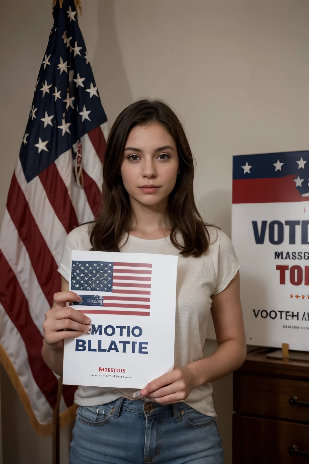 ((best quality)), ((​masterpiece)), (Detailed), Woman with ballot in front of American flag. USA voting and election. Democracy and patriotism.



