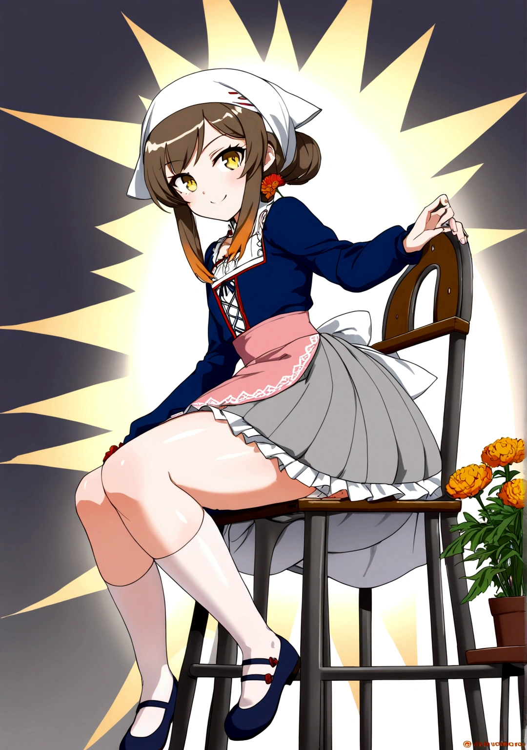 golden orange hair, gradient hair, very long hair, swept bangs, sidelocks, curly hair, wavy hair, (((((head scarf))))), head bandana, pink apron, flower in hair, marigold, orange flower, blue eyes, dirndl, pink dress, pink dirndl, long sleeves, waist apron, white apron, bow on waist, blue bow, , polish clothing, Slavic clothing, Hungarian clothing, anime, cute, full body, white leggings, black shoes, flat chest,, smile, sun, sunshine