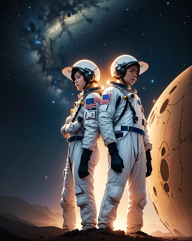 Create a painting of two astronauts standing back-to-back on Mars at night, both wearing their helmets.