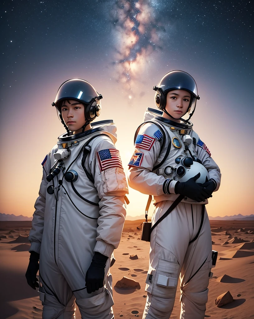 Create a painting of two astronauts standing back-to-back on Mars at night, both wearing their helmets.