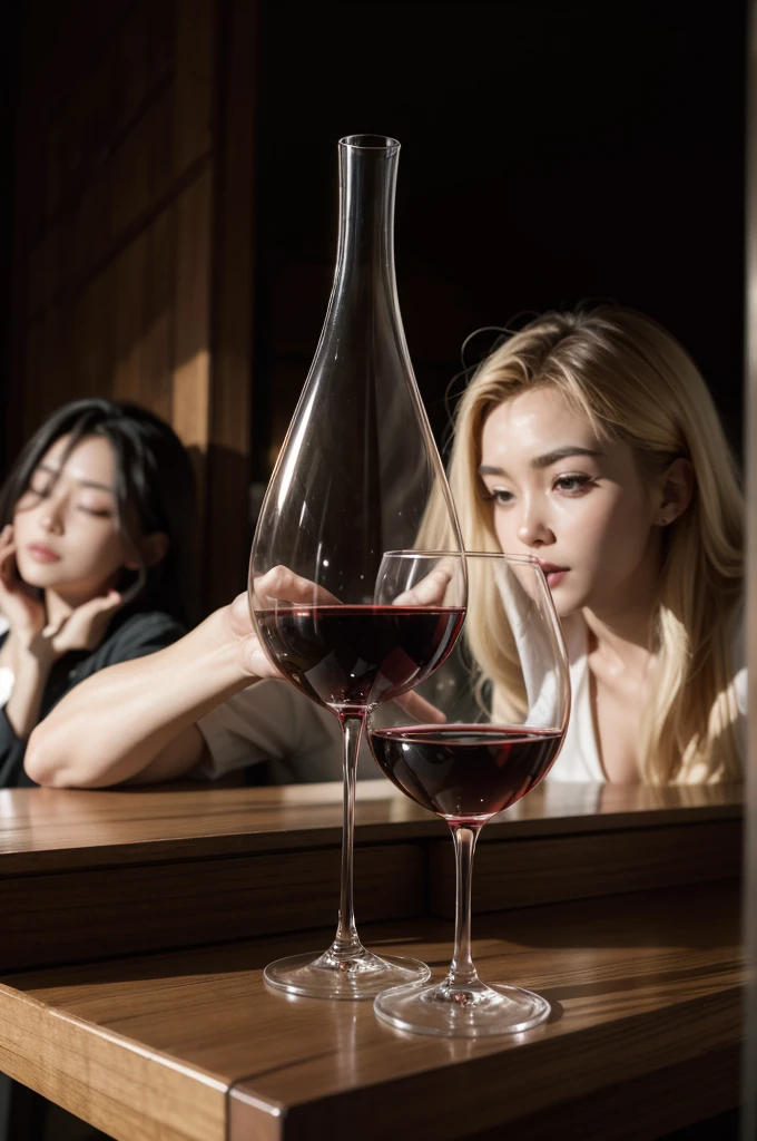two glasses of wine on a table, in an exotic space