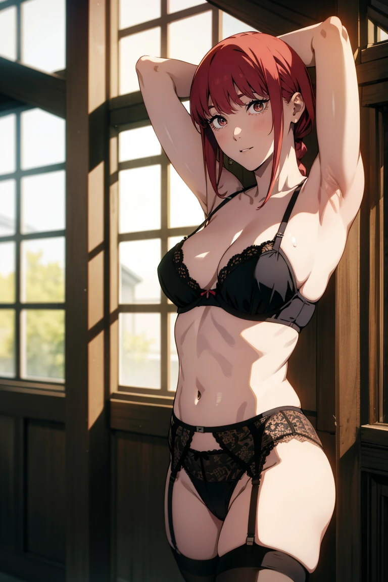 1girl, underwear, garter belt, solo, bra, panties, red panties, red bra, navel, garter straps, breasts, realistic, short hair, lingerie, thighhighs, underwear only, lips, looking at viewer, red hair, collarbone,braid,Undressing, taking off her bra , yellow eyes, standing, cowboy shot, jewelry, Posing in an alcove, from Above, arms behind head, show both armpits