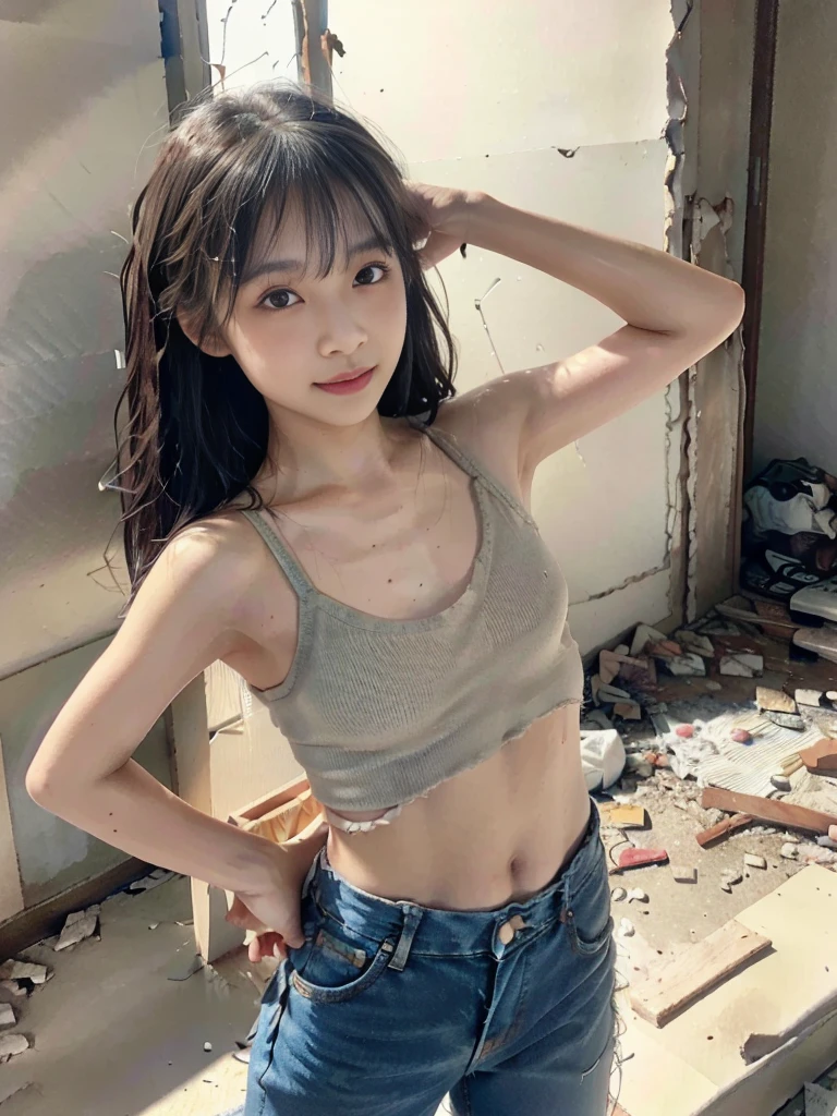 RAW Photos, 8K, (Highest quality), Realistic, (live-action, Intricate details), (Natural skin texture, Detailed skin, Hyperrealism, Sharpness), (Japanese female college student standing in an abandoned apartment, Place your hands behind your head,  armpits, Show your armpits), ((White tight tank top, Distressed denim pants, Low-rise buggy pants)), (((Small box:1.4))), Fair skin, Sweaty skin, ((Wavy long hair, One-length hairstyles)), (Emut, neat face, Part your lips), The room is demolished, Dusty room, Cracked wall, Messy floor, Rubble pile:1.3, Broken window, Broken window glass, hard lighting:1.3, Sunset Light, Full Body Shot