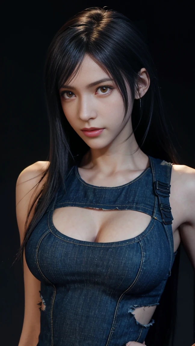 8K, Top Quality, Intricate Details, Ultra Detail, Ultra High Resolution, Masterpiece, close up shot, (full body: 1.1), Slender, Smile, (Makeup: 0.4), ,(( red eyes, black hair, bangs, long hair)), (Fluffy  Eyes: 1.21), (()), 1girl, solo, 1 girl, ((Tifa,Tifa･lockhart,Final Fantasy 7,FF7,l)), close up shot, , ((tall)), (((fit body))), (((slim face))), sharp face, ((torn denim))  ,(detailed face), sharp face, small lips, , ,(( )) ,, ,
 ((, )), , (( )), detailed face, detailed , large  ,,  detail  ,, Narrow Waist, Skinny, tall , 190 cm tall, Muscular, Navel, Exposed Abdomen, Pointed ,, Beautiful girl with accentuated slender abs: 1.4, Six Pack Abs: 1.4, , Perfect Body, detail legs, (( dark background)), black background,