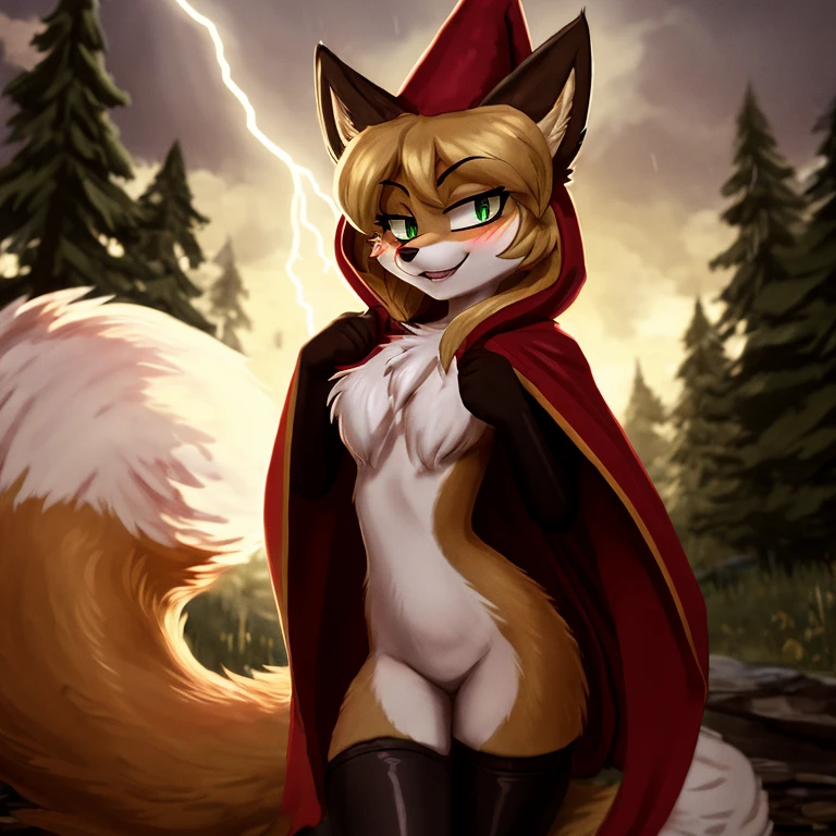 uploaded to E621, beautiful and detailed portrait of an anthropomorphic vixen ((female))), (detailed averi), (detailed lighting), (detailed fur), (detailed breasts), BREAK, (cinematic lighting), ((detailed background)), ((depth of field)), (half body shadow), ((looking at viewer)), [backlighting], [detailed ambient light], [ambient light on the belly], [realistic proportions], [explicit content, adult, nsfw], [sharp focus], (questionable content), (shaded), (hi res), ((masterpiece)), (Averi, Fox girl), (anthro, fluffy fur), anthro fox girl, body fur, curvy, sexy, nice, cute, hot, sassy, sassy hips, (Averi, Fox girl), green eyes, solo, blush, smug smile, forest, trees, lightning, night, rain, wet fur, flat chest, chest fluff, striped thigh highs, colorful thigh highs, high socks, thigh high socks, striped high socks, legs adorned with colorful fabric, speech bubble, heart, hearts, seductive pose, sexy pose tail tip emanating magnificent magical fire, scarlet fire encircling the tail tip, fiery tail tip, fiery magical tail, magical tail fire, dark hooded red cloak, red cloak, rugged broken clothes, clothes being blown by wind, wizard's hat