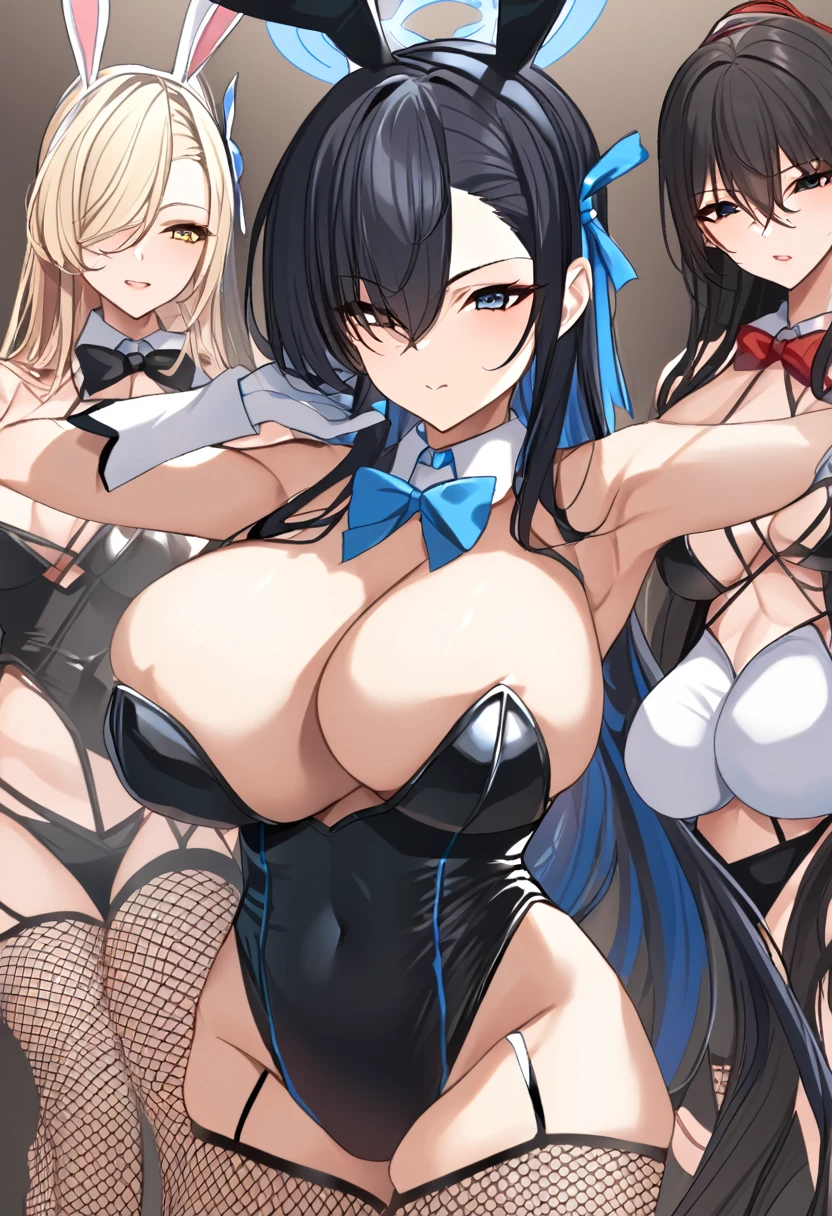 ((4girls))、bunny girl、white rabbit ears、wrist cuffs、black leotard、sagging breast、(milf、Mature Woman:1.3)、Black fishnet stockings、garter belt、blue_archive、(((Karin the Horned Shield、Yellow Eyes、Black Hair、long hair、Black bunny suit)))、(((Ichinose Asuna、Blonde、long hair、hair over one eye、Light blue bunny suit)))、(((Ganyu Ako、Light blue hair、Short Hair、Light blue eyes、Light blue bunny suit)))、(((Hasumi Hakawa、Black Hair、long hair、Black Eyes、White bunny suit)))、Halo、casino、casino、casinoテーブル、Black high heels