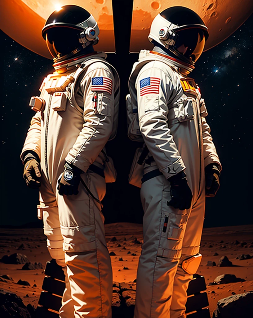 Create a painting of two astronauts standing back-to-back on Mars at night, both wearing their helmets.