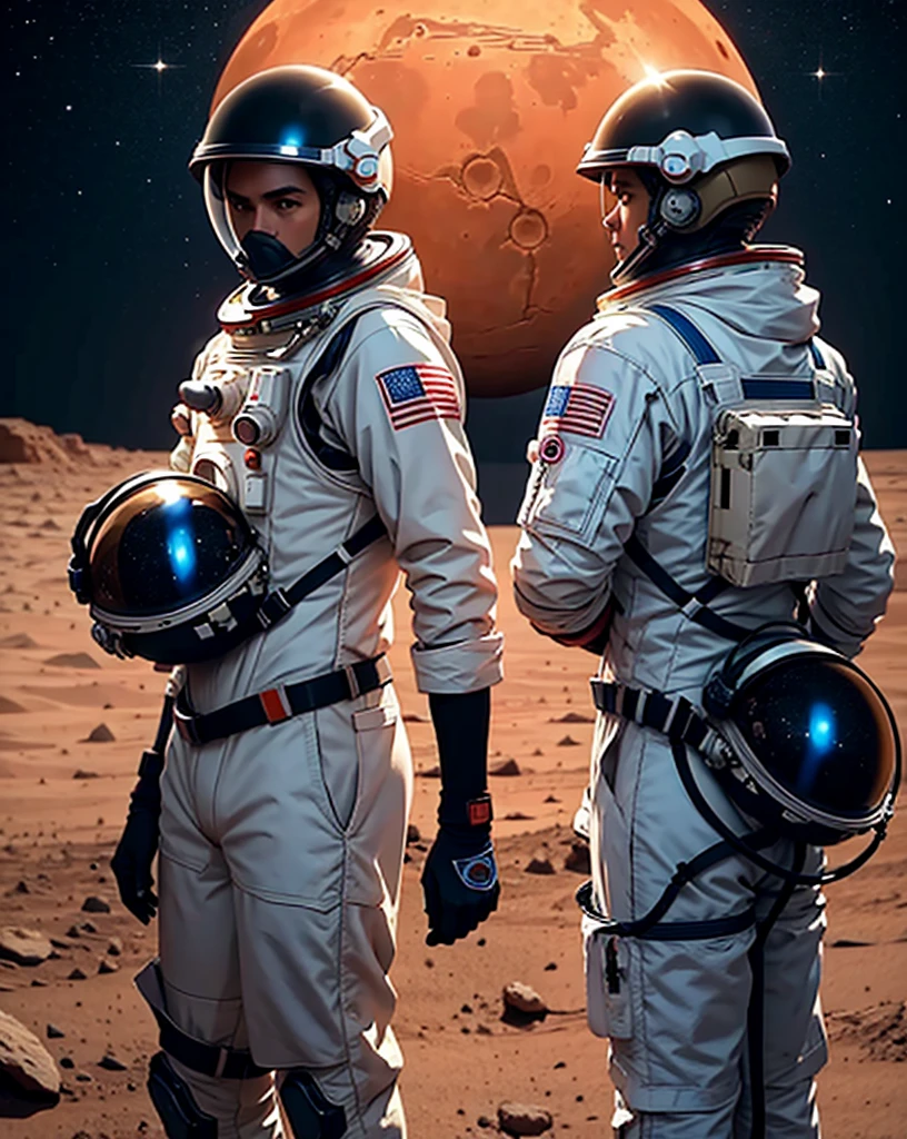 Create a painting of two astronauts standing back-to-back on Mars at night, both wearing their helmets.