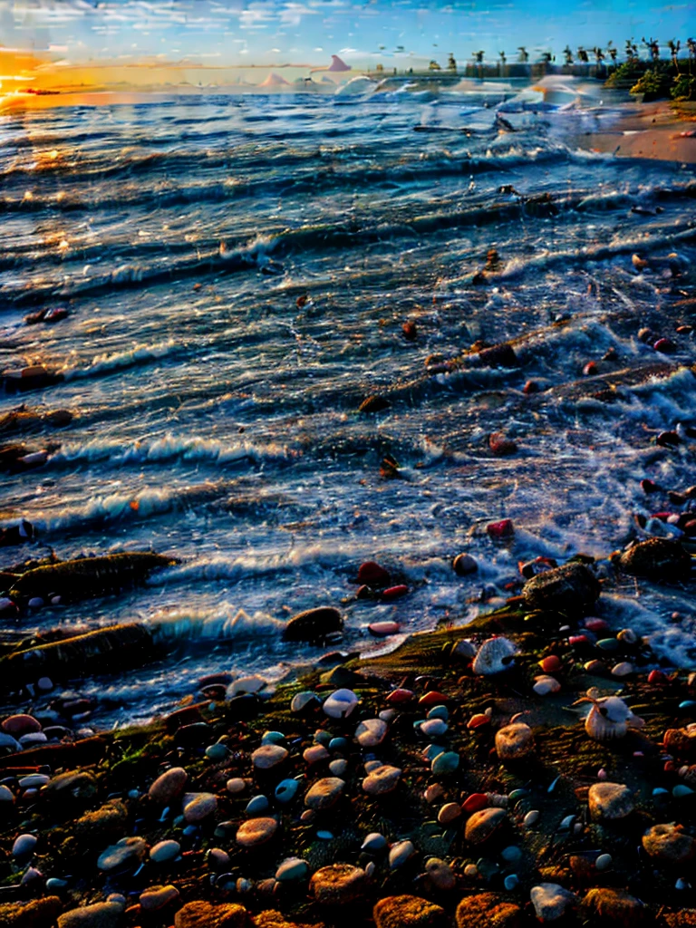 Sunrise on beach with waves on sea and forest behind, seagulls in air, small birds on sand, boat on water