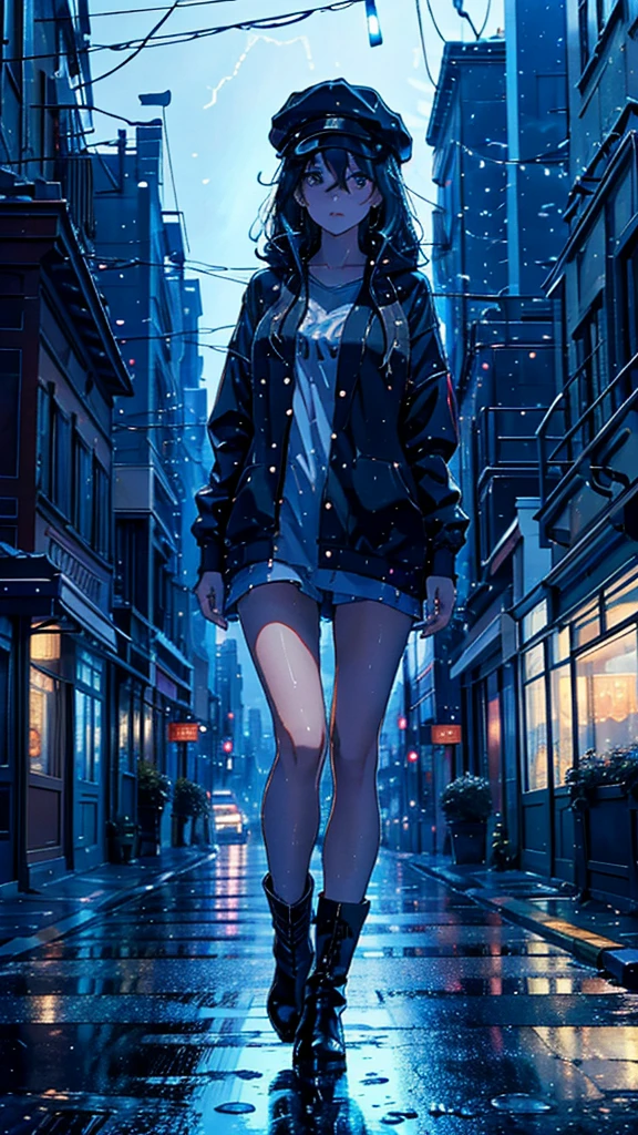 "A young woman is on the city street at night, with a wet environment and elegant rain. She is dressed in comfortable clothes and a jacket, with a hat and a pair of boots. The rain is falling gently, creating a of shadow and light over the city. Cars pass through the street, with lights flashing and headlights shining. Shops are open, with lights shining and windows full of products. The atmosphere is one of movement and life, with a touch. of romanticism and magic."
