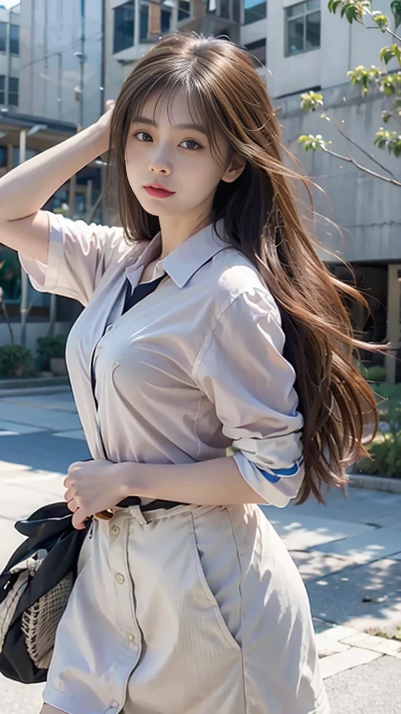 light brown hair、brown hair、hair between eyes、hair behind the ear、short hair、white shirt、uniform、front、negative space、Lens flare、Bokeh、 wide angle、超wide angle、f/1.8、35mm、realism、Depth of the bounds written、futuristic、UHD、retina、masterpiece、correct、anatomically correct、textured skin、super detail、high detail、high quality、 最high quality、High resolution、8K、cyber punk、超futuristic、Digital、on top of the building、Blowing in the wind、fluttering skirt、Vlog