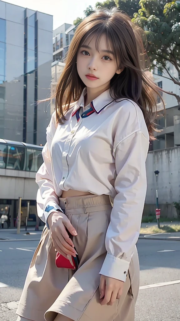 light brown hair、brown hair、hair between eyes、hair behind the ear、short hair、white shirt、uniform、front、negative space、Lens flare、Bokeh、 wide angle、超wide angle、f/1.8、35mm、realism、Depth of the bounds written、futuristic、UHD、retina、masterpiece、correct、anatomically correct、textured skin、super detail、high detail、high quality、 最high quality、High resolution、8K、cyber punk、超futuristic、Digital、on top of the building、Blowing in the wind、fluttering skirt、Vlog