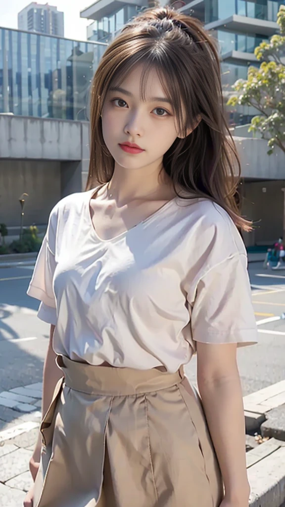 light brown hair、brown hair、hair between eyes、hair behind the ear、short hair、white shirt、uniform、front、negative space、Lens flare、Bokeh、 wide angle、超wide angle、f/1.8、35mm、realism、Depth of the bounds written、futuristic、UHD、retina、masterpiece、correct、anatomically correct、textured skin、super detail、high detail、high quality、 最high quality、High resolution、8K、cyber punk、超futuristic、Digital、on top of the building、Blowing in the wind、fluttering skirt、Vlog