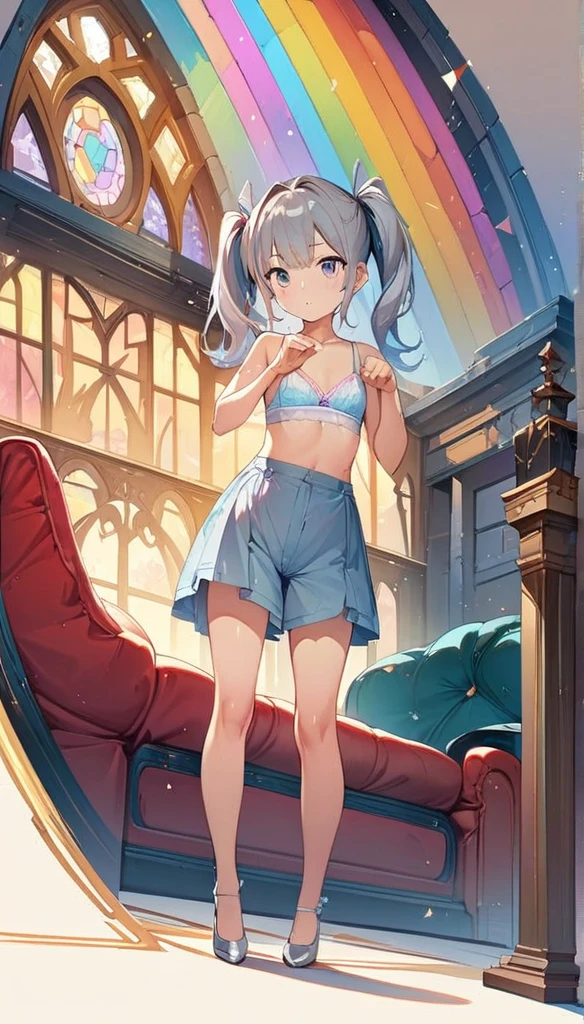 (masterpiece:1.8),(Highest quality:1.8),(Very detailed:1.8),(8k:1.8),(Ultra-fine Illustration:1.5),,,Straight low twintail,Flat Chest,Small Ass,(High-grade metallic silver,,lingerie:1.4),(Prayer Pose:1.5),Vintage sofa,,(Full body angle), Stained glass, Rainbow Gradient, Foundation, (bra:1.3), (lingerie,culottes:1.3),ペニスを舐める