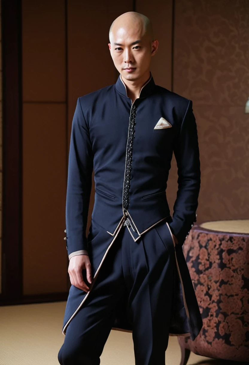 half body picture of a bald japanese model man, long head, wearing an elegant western dress, pants, in an elegant room