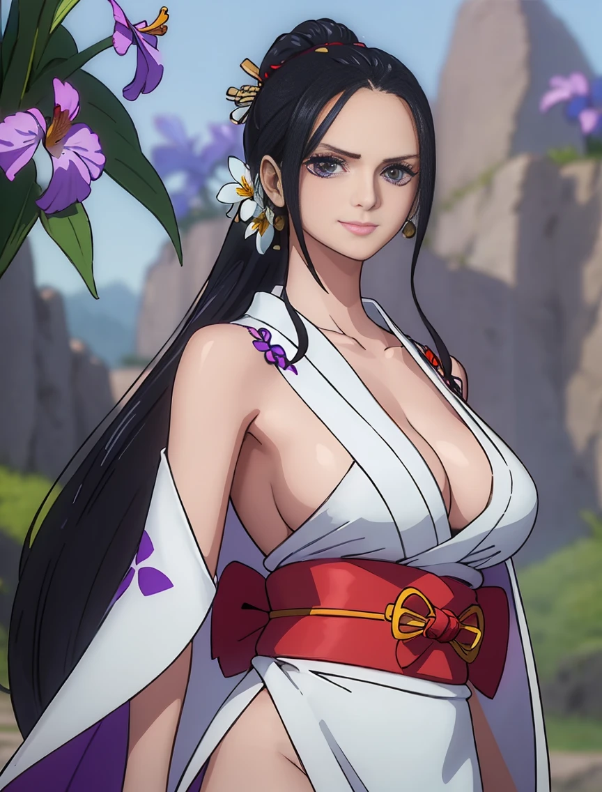 ((((Very nice smile))))、((Direct your gaze this way))、1 girl,NsfW,(one peace wanokuni edition)、((ponytail、Red ribbon on the tie)) 、((they say olobi))、((A very sexy mini kimono dress with a large slit、(((Kimono obi)))、(((The white kimono is decorated with purple iris flowers)))、((Wearing a black haori with a red lining)),Exposed underboob)):1.2, White costume,((Short costume)),nico robin,(ONEPIECE),((Huge breasts 1.8)), clavicle, Glowing purple eyes,absurdists, brainwashing,Hollow Eyes, ((Expressionless, Emotional removal)),avert your eyes , Full body portrait, Outdoor,Dim Alley,night, (highest quality、4K、8K、High resolution、Must have:1.2)、Very detailed、(reality、It is realistic.、Realistic:1.37)、ticker、hyper HD、Studio Lighting、Ultra High Definition Paint、Sharp focus、Physically Based Rendering、Extreme Detail、Professional specifications、Vibrancy and color、Blurred、Sports portrait、landscape、Horror Style、Anime Big Tits、sf、photograph、Concept Artist、Five Fingers, Perfect body, {{{masterpiece}}}, {{{highest quality}}}, {{Very detailed}}, {shape}, {{Very delicate and beautiful}},Improved cost performance、all roles、Canon 5D MK4でphotograph、photograph, The back is surrounded by flowers on the vast grassland、She is centered in the frontal shot