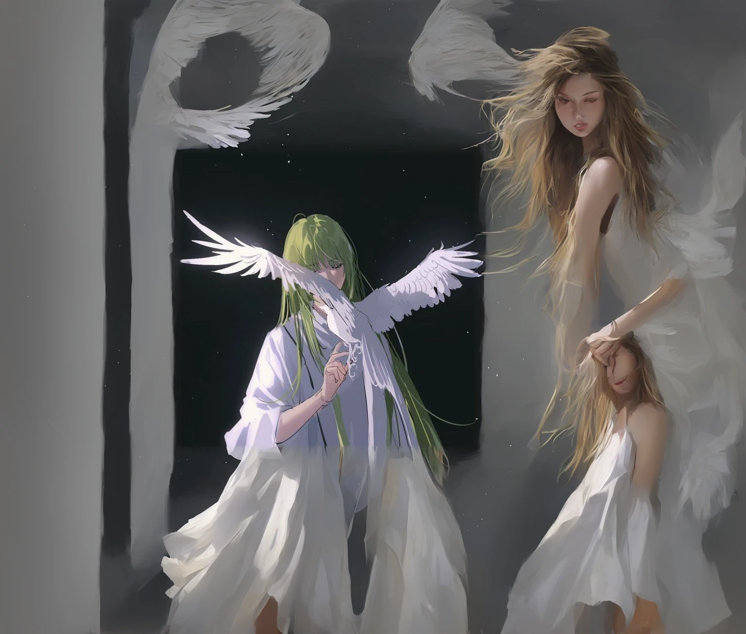 Girl with white dress, white bird, calm