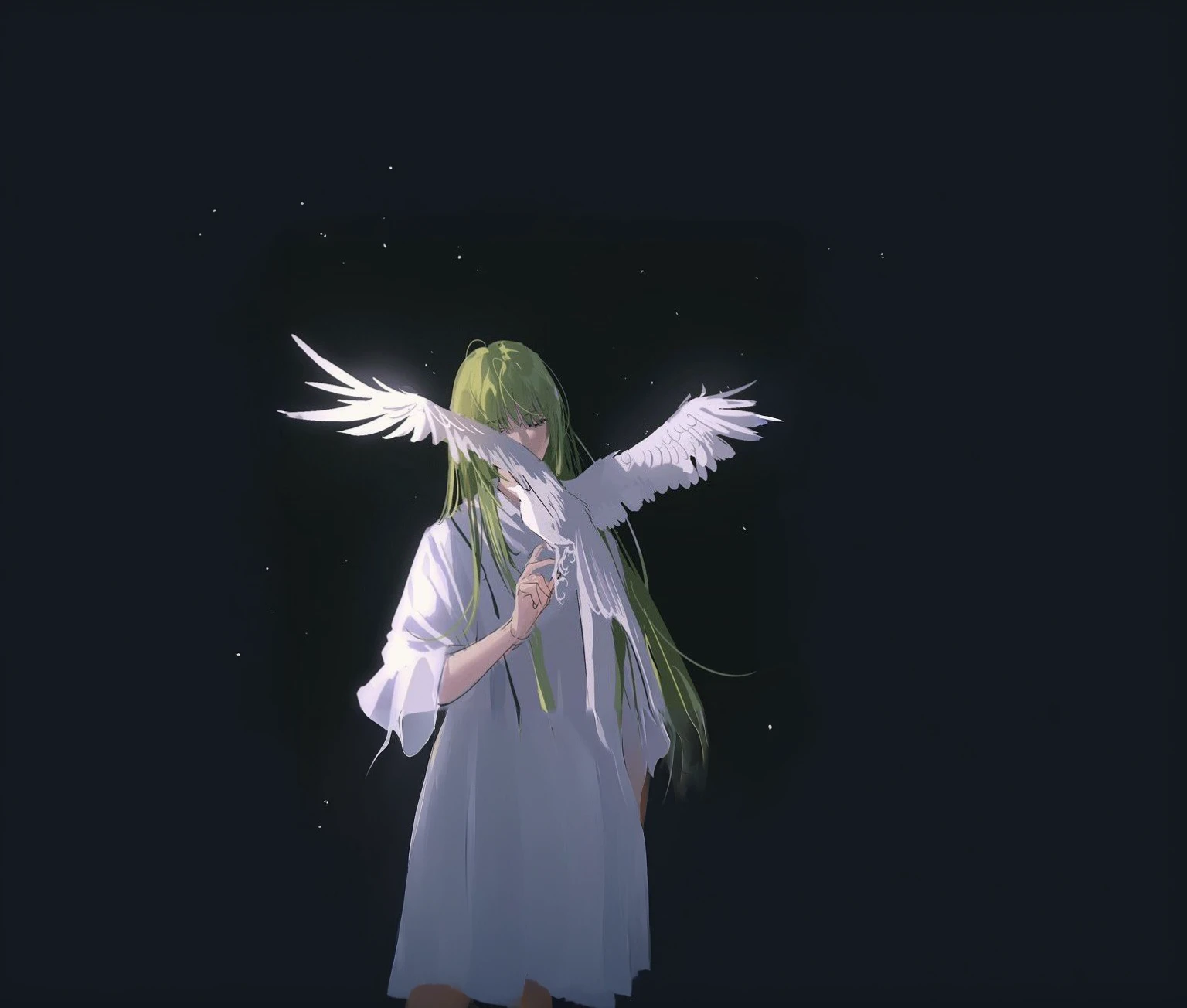 Girl with white dress, white bird, calm