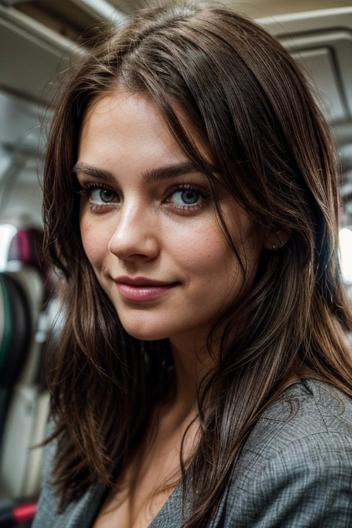 cute beautifull brunette, wearing a normal suit, in a plane, full body, perfect angle, very detailed, 23 years old, naughty face, messy long hair, green eyes, hight-res, masterpiece, best quality, intricate details, highly detailed, sharp focus, detailed skin, realistic skin texture, texture, detailed eyes, professionnal, 4k, smile, shot on Canon, 85mm, shallow depth of field, kodak vision color, eyeshadow, extremely detailled, photo_(ultra), photorealistic, realistic, post-processing, max detail, roughness, real life, ultra realistic, photorealism, photography, 8k uhd, photography, pokies