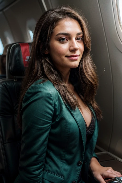 cute beautifull brunette, wearing a normal suit, in a plane, full body, perfect angle, very detailed, 23 years old, naughty face, messy long hair, green eyes, hight-res, masterpiece, best quality, intricate details, highly detailed, sharp focus, detailed skin, realistic skin texture, texture, detailed eyes, professionnal, 4k, smile, shot on Canon, 85mm, shallow depth of field, kodak vision color, eyeshadow, extremely detailled, photo_(ultra), photorealistic, realistic, post-processing, max detail, roughness, real life, ultra realistic, photorealism, photography, 8k uhd, photography, 