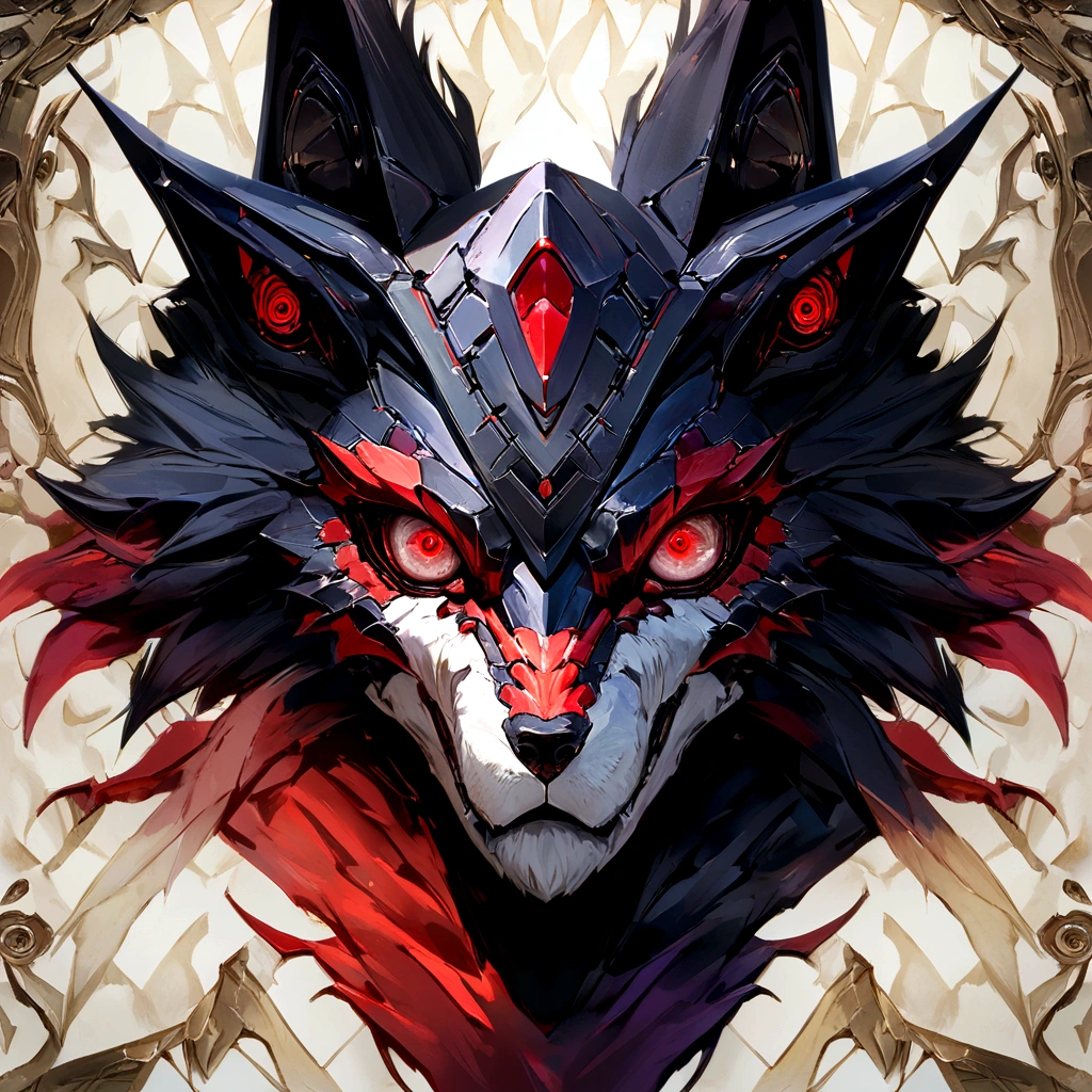 Red-eyed black wolf robot, lava demon wolf, in the style of wallpaper portraits, realism, modular, UHD image, --Niji 5