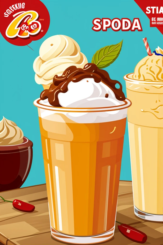 Logo of a drink, of soda with ice cream and chili powder on top, striking and refreshing, cartoon style 