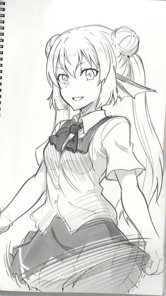 1girl,20 years old,solo,(sketch, monochrome, greyscale, traditional media,),long hair,white hair,finana,twintails,((white shirt,short sleeves,black standart tie,black skirt)),open mouth,outstretched hand,smile,double bun,(from front)