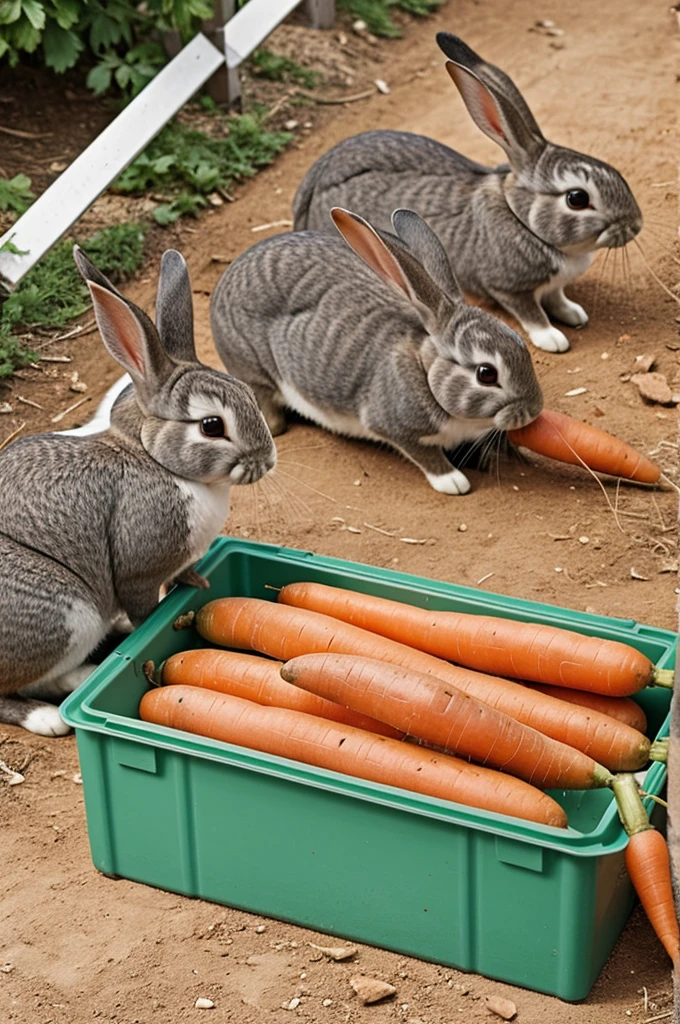 Two rabbits are enjoying a carrot. On the side of the rabbit there is an overturned food container.