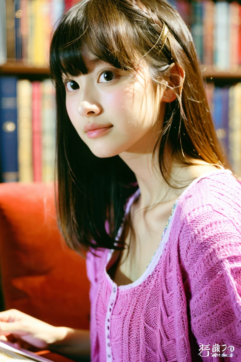 (Highest quality, Very cute girl) Thin and thin eyebrows Light pink camisole, (amazingly beautiful breasts) gravure Side Shot, Looking at the audience, 21 years old Long hair with highlights flowing bangs Small Head, Medium-sized, well-shaped breasts, Sharp focus, Fine skin, Eyes and Face The background is beautiful and wide.. Luxurious and beautiful living room Bookshelf Open book