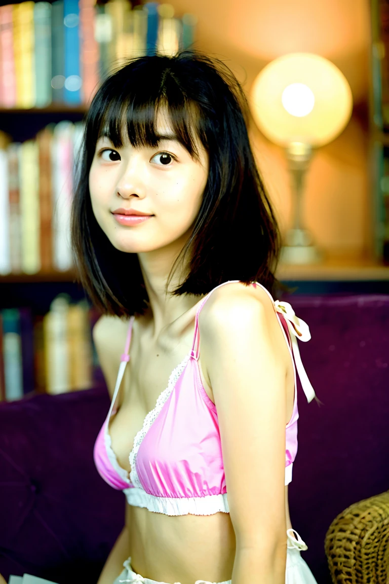 (Highest quality, Very cute girl) Thin and thin eyebrows　Light pink camisole, (amazingly beautiful )  gravure　Side Shot, Looking at the audience, 21 years old　 Long hair with highlights　flowing bangs　Small Head, Medium-sized, well-shaped , Sharp focus, Fine skin, Eyes and Face　The background is beautiful and wide..  Luxurious and beautiful living room　Bookshelf　Open book