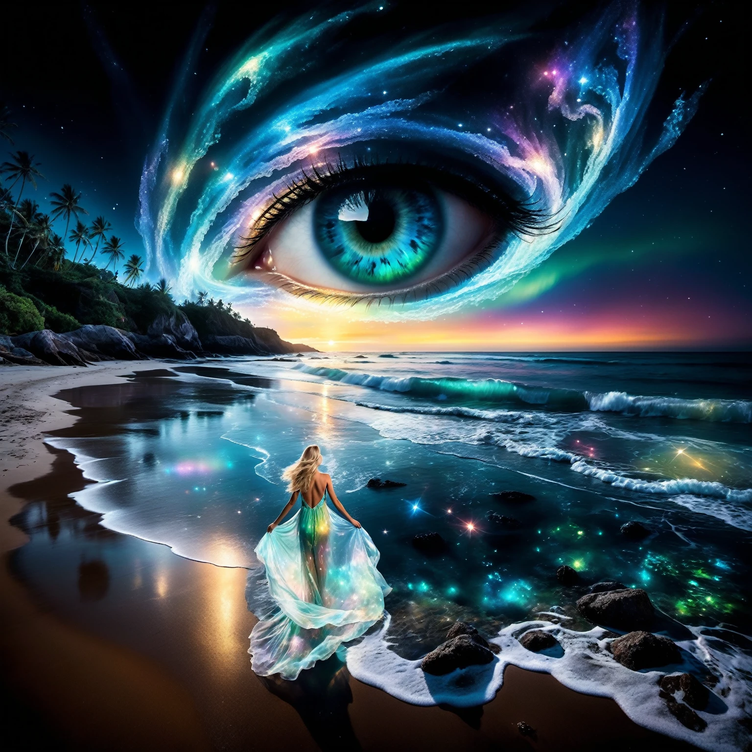 a blonde woman with long flowing hair stands on a sandy beach. She wears a transparent, flowing dress that appears to be made of swirling, glowing ethereal patterns, reminiscent of the northern lights. Her face is turned skyward, as if contemplating the wonders of the universe. her dress floats around her like a cloud. The water near the woman should be very transparent, revealing bioluminescent glowing algae and marine fauna. Behind the woman, the beach stretches towards the horizon. The sea is crystal-clear and blue. Soft, bioluminescent light-green glowing waves break on the shore, creating a soothing rhythm. The night sky is filled with twinkling stars, Rich color and detail, (Rainbow-colored: 1.2), A majestic galaxy swirls over the beach, forming a giant, detailed eye in the sky. The eye's vibrant colors reflect beautifully on the crystal-clear, bioluminescent water below. Shine, Atmospheric lighting . The overall mood of the photo is dark, ethereal and haunting. The bioluminescent light of the sea creates a magical, fairytale atmosphere, while the twinkling stars and swirling galaxy add a sense of mystery and wonder.The woman standing on the beach seems to be in communion with nature and the universe, adding a touch of serenity to the scene. The overall style of the photo is fantastic or supernatural. Vivid colors, flowing forms and intricate details create a captivating, imaginary world. masterpiece, best quality, Professional, perfect composition, very aesthetic,