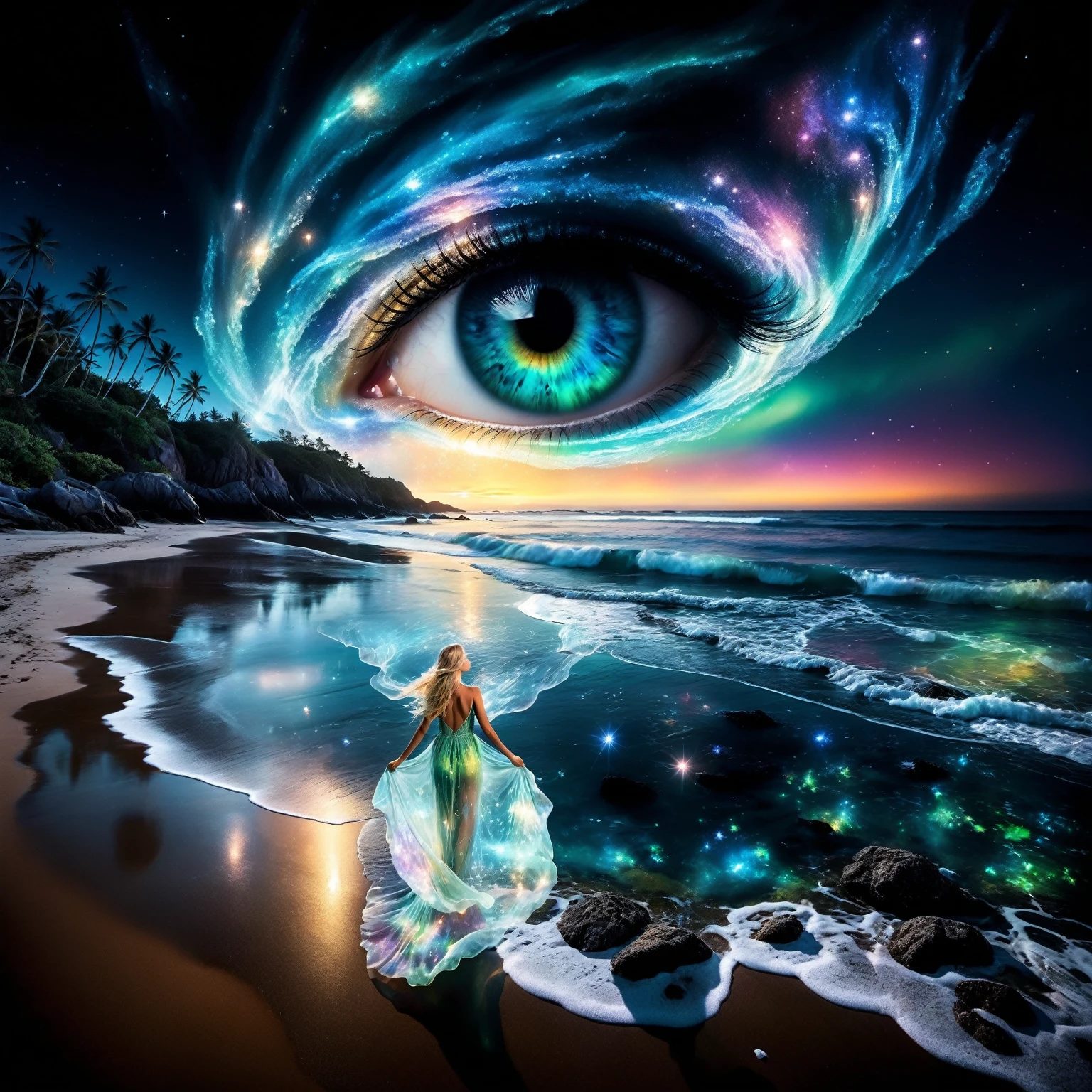 a blonde woman with long flowing hair stands on a sandy beach. She wears a transparent, flowing dress that appears to be made of swirling, glowing ethereal patterns, reminiscent of the northern lights. Her face is turned skyward, as if contemplating the wonders of the universe. her dress floats around her like a cloud. The water near the woman should be very transparent, revealing bioluminescent glowing algae and marine fauna. Behind the woman, the beach stretches towards the horizon. The sea is crystal-clear and blue. Soft, bioluminescent light-green glowing waves break on the shore, creating a soothing rhythm. The night sky is filled with twinkling stars, Rich color and detail, (Rainbow-colored: 1.2), A majestic galaxy swirls over the beach, forming a giant, detailed eye in the sky. The eye's vibrant colors reflect beautifully on the crystal-clear, bioluminescent water below. Shine, Atmospheric lighting . The overall mood of the photo is dark, ethereal and haunting. The bioluminescent light of the sea creates a magical, fairytale atmosphere, while the twinkling stars and swirling galaxy add a sense of mystery and wonder.The woman standing on the beach seems to be in communion with nature and the universe, adding a touch of serenity to the scene. The overall style of the photo is fantastic or supernatural. Vivid colors, flowing forms and intricate details create a captivating, imaginary world. masterpiece, best quality, Professional, perfect composition, very aesthetic,