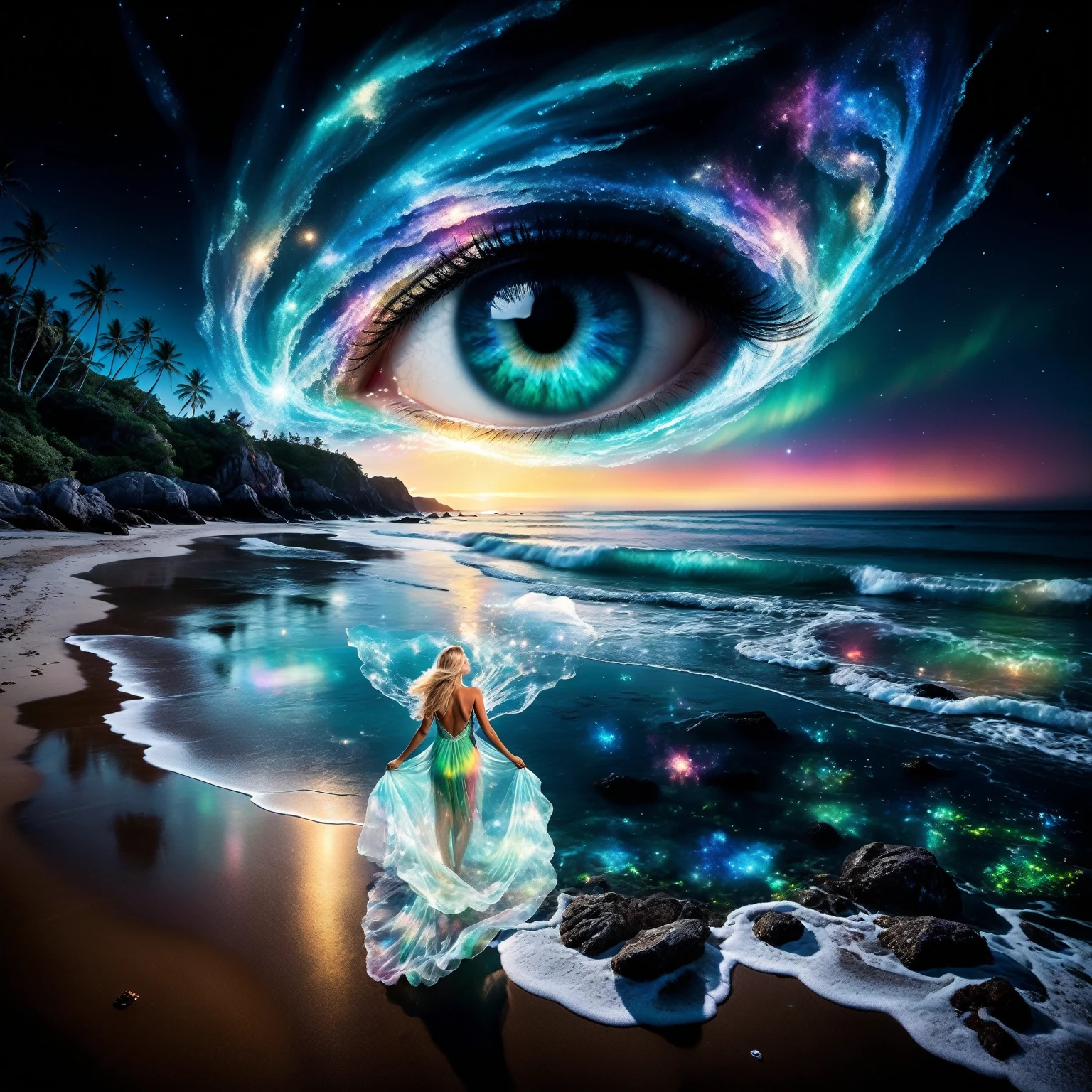 a blonde woman with long flowing hair stands on a sandy beach. She wears a transparent, flowing dress that appears to be made of swirling, glowing ethereal patterns, reminiscent of the northern lights. Her face is turned skyward, as if contemplating the wonders of the universe. her dress floats around her like a cloud. The water near the woman should be very transparent, revealing bioluminescent glowing algae and marine fauna. Behind the woman, the beach stretches towards the horizon. The sea is crystal-clear and blue. Soft, bioluminescent light-green glowing waves break on the shore, creating a soothing rhythm. The night sky is filled with twinkling stars, Rich color and detail, (Rainbow-colored: 1.2), A majestic galaxy swirls over the beach, forming a giant, detailed eye in the sky. The eye's vibrant colors reflect beautifully on the crystal-clear, bioluminescent water below. Shine, Atmospheric lighting . The overall mood of the photo is dark, ethereal and haunting. The bioluminescent light of the sea creates a magical, fairytale atmosphere, while the twinkling stars and swirling galaxy add a sense of mystery and wonder.The woman standing on the beach seems to be in communion with nature and the universe, adding a touch of serenity to the scene. The overall style of the photo is fantastic or supernatural. Vivid colors, flowing forms and intricate details create a captivating, imaginary world. masterpiece, best quality, Professional, perfect composition, very aesthetic, 