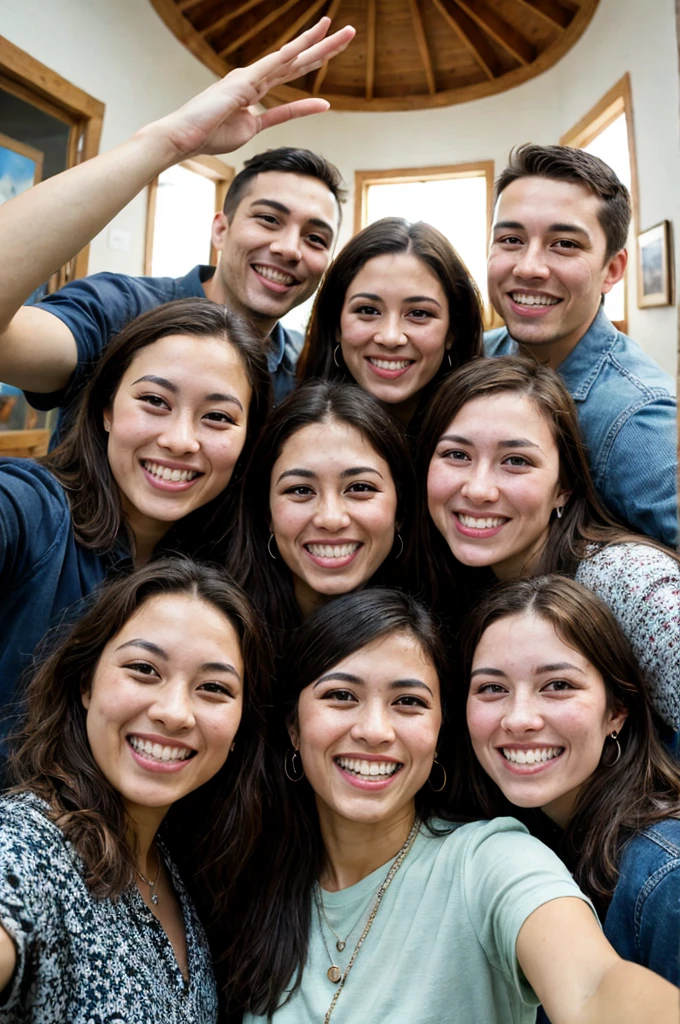 Subject and Attributes:

Main Subject: Diverse group of people
Additional Attributes: Laughing and enjoying each other's company, close interaction
Visual Characteristics:

Camera Angle/Shot Type: Fish-eye lens effect, centered on the group
Lighting: Bright, natural light, likely indoors
Art Style/Aesthetic: Photorealistic, vibrant
Color Scheme: A variety of colors reflecting diverse clothing styles
Surrounding Environment: Indistinct, focus on people
Descriptors of Quality: High-resolution, sharp detail, lively expressions
Using Quality Tags:

With Quality Tags: ((best quality)), diverse group of joyful people, laughing and interacting closely, fish-eye lens effect, photorealistic, vibrant colors, detailed, lively expressions
Prompt Construction:
Combine the elements above into a cohesive prompt:
"((best quality)), diverse group of joyful people from various ethnic backgrounds, laughing and interacting closely in an indistinct indoor setting. The image is taken with a fish-eye lens effect, centered on the group, showcasing bright natural lighting and photorealistic detail. The people wear a variety of colorful clothes, reflecting their individual styles. Focus on high-resolution, sharp detail, and lively expressions."