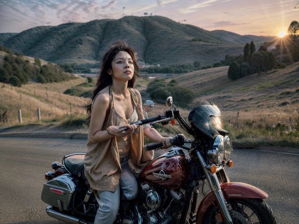 Woman riding a Harley,Long black hair with red highlights, Full Scene Shot, Highest quality, sunset, Step Path, The wind is blowing,Looking up at the sky， Beautiful woman, Outdoor Scene, Natural scenery, bikini, Umbilical cord prolapse, jeans，Cross Belt、Highly detailed face and skin texture, Fine grain,, whole body, Octane Rendering,Two-tone lighting,wide aperture,Low ISO,White balance, Driving a classic motorcycle, landscape