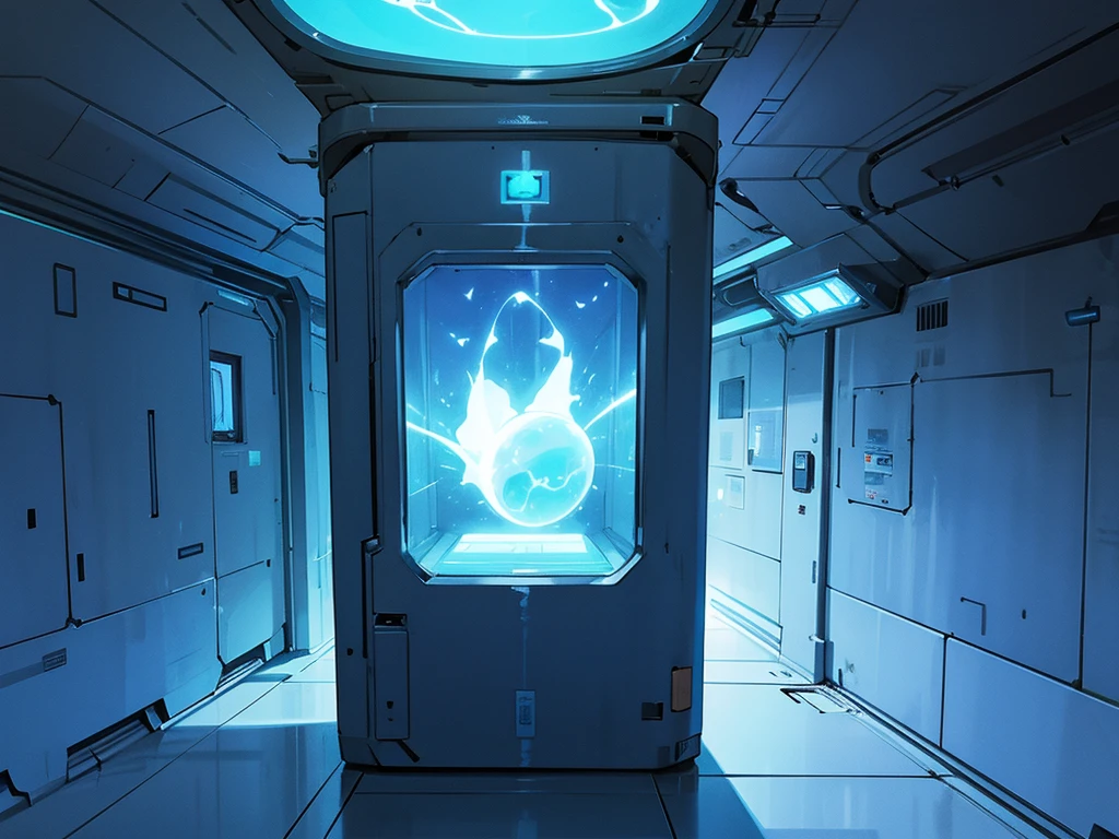 dark scientific labotory, large empty blue glowing Hypersleep Chamber, background only, sci-fi