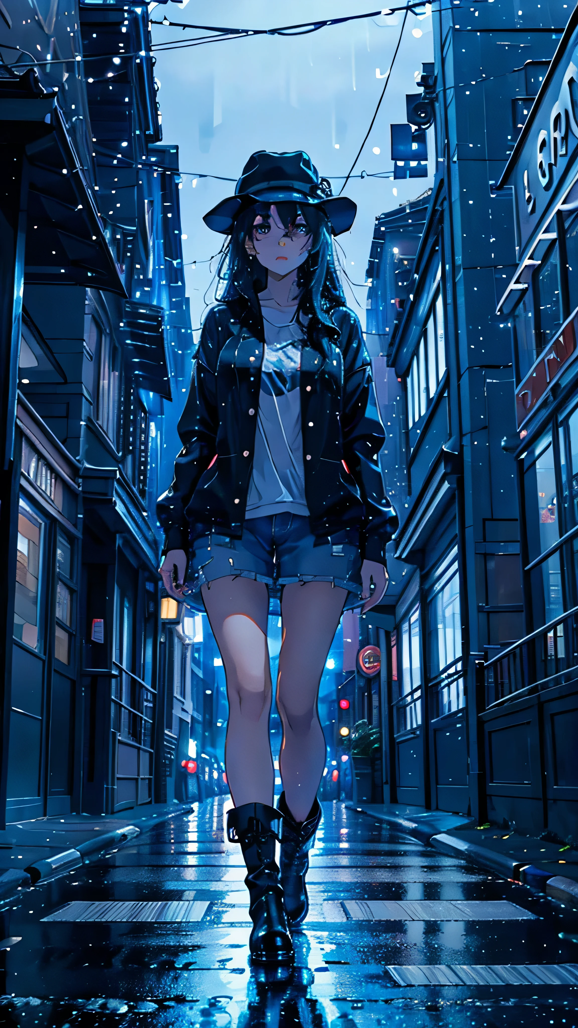 "A young woman is on the city street at night, with a wet environment and elegant rain. She is dressed in comfortable clothes and a jacket, with a hat and a pair of boots. The rain is falling gently, creating a of shadow and light over the city. Cars pass through the street, with lights flashing and headlights shining. Shops are open, with lights shining and windows full of products. The atmosphere is one of movement and life, with a touch. of romanticism and magic."