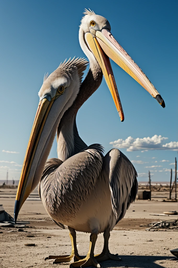 A drawing of a pelican in a post apocalyptic world , 8k hd, high quality