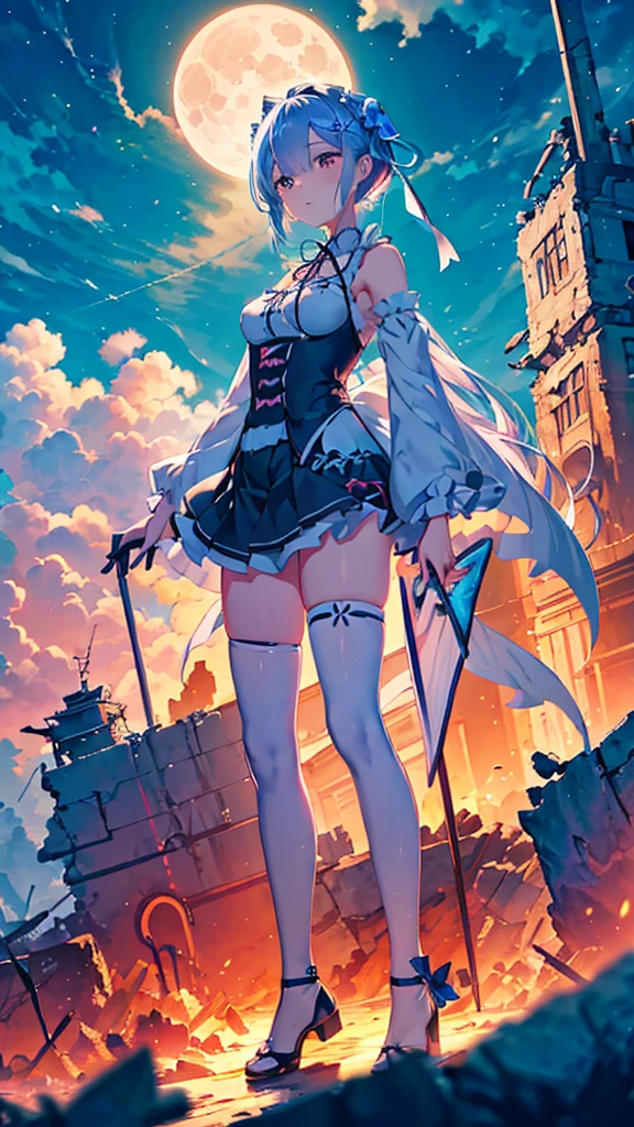 Re:zero, Rem, a cute girl, アニメ風, Ultra-detailed, best quality, post apocalypse background, standing on a large pile of rubble in the back, surroundings clearly visible, frightening, backlit, shadow, blue, night, full moon, mysterious, tattered maid clothes, pale color