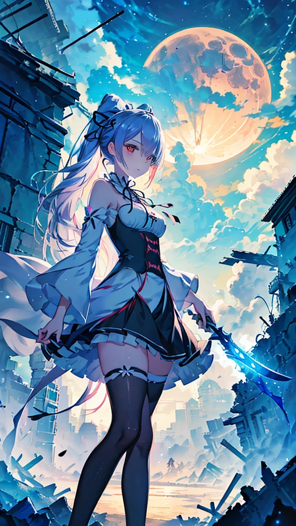 Re:zero, Rem, a cute girl, アニメ風, Ultra-detailed, best quality, post apocalypse background, standing on a large pile of rubble in the back, surroundings clearly visible, frightening, backlit, shadow, blue, night, full moon, mysterious, tattered maid clothes, pale color