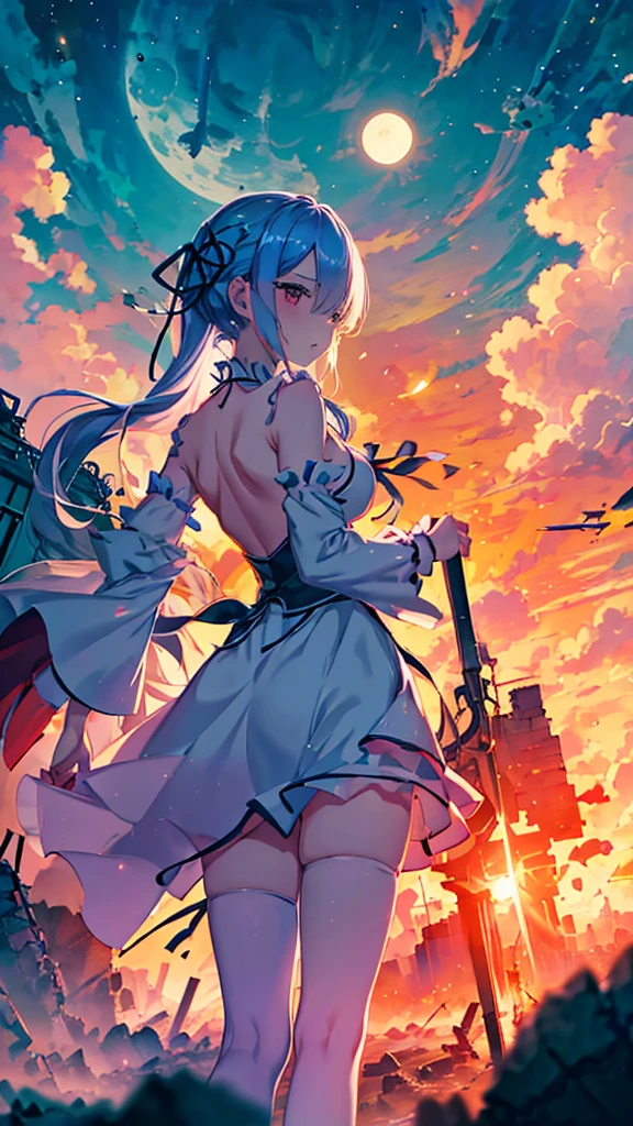 Re:zero, Rem, a cute girl, アニメ風, Ultra-detailed, best quality, post apocalypse background, standing on a large pile of rubble in the back, surroundings clearly visible, frightening, backlit, shadow, blue, night, full moon, mysterious, tattered maid clothes, pale color