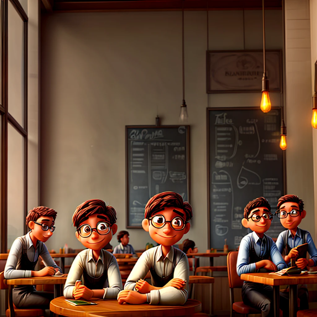 Three engineers, sitting at a table in a restaurant