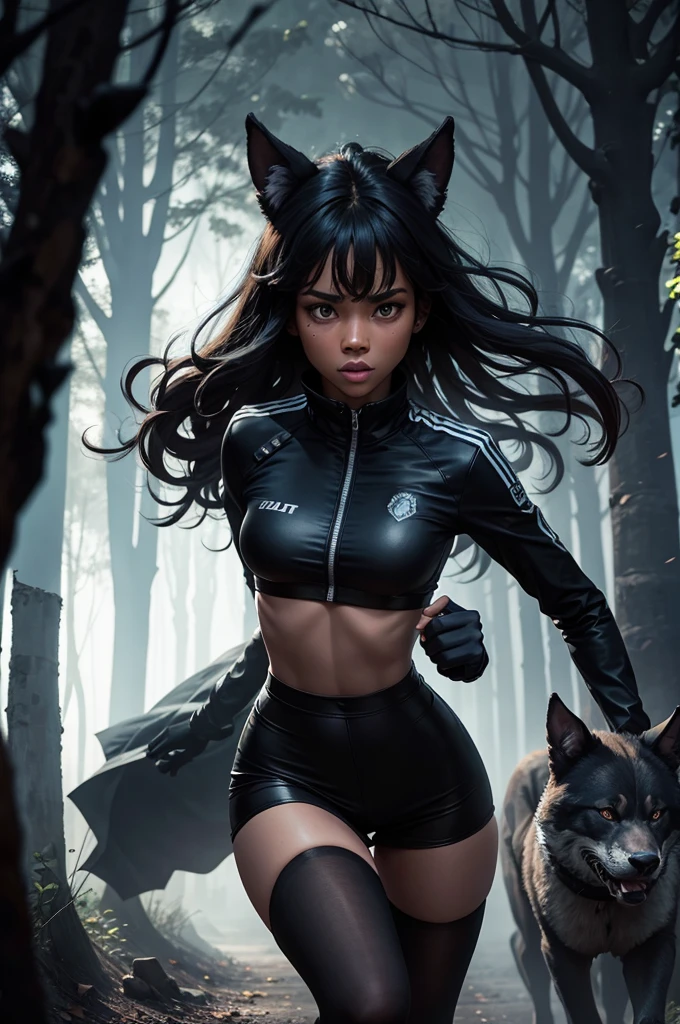 A black werewolf and a police girl together in a night forest running together