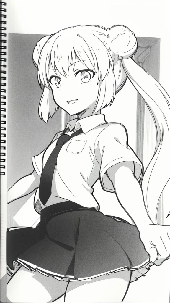 1girl,20 years old,solo,(sketch, monochrome, greyscale, traditional media,),long hair,white hair,finana,twintails,((white shirt,short sleeves,black standart tie,black skirt)),open mouth,outstretched hand,smile,double bun,(from front)