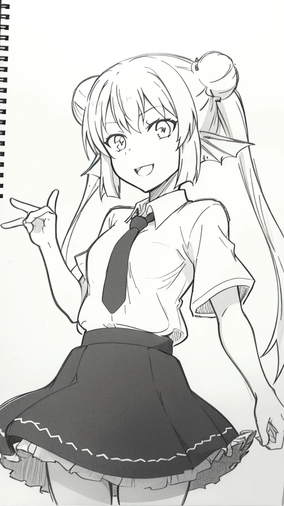 1girl,20 years old,solo,(sketch, monochrome, greyscale, traditional media,),long hair,white hair,finana,twintails,((white shirt,short sleeves,black standart tie,black skirt)),open mouth,outstretched hand,smile,double bun,(from front)