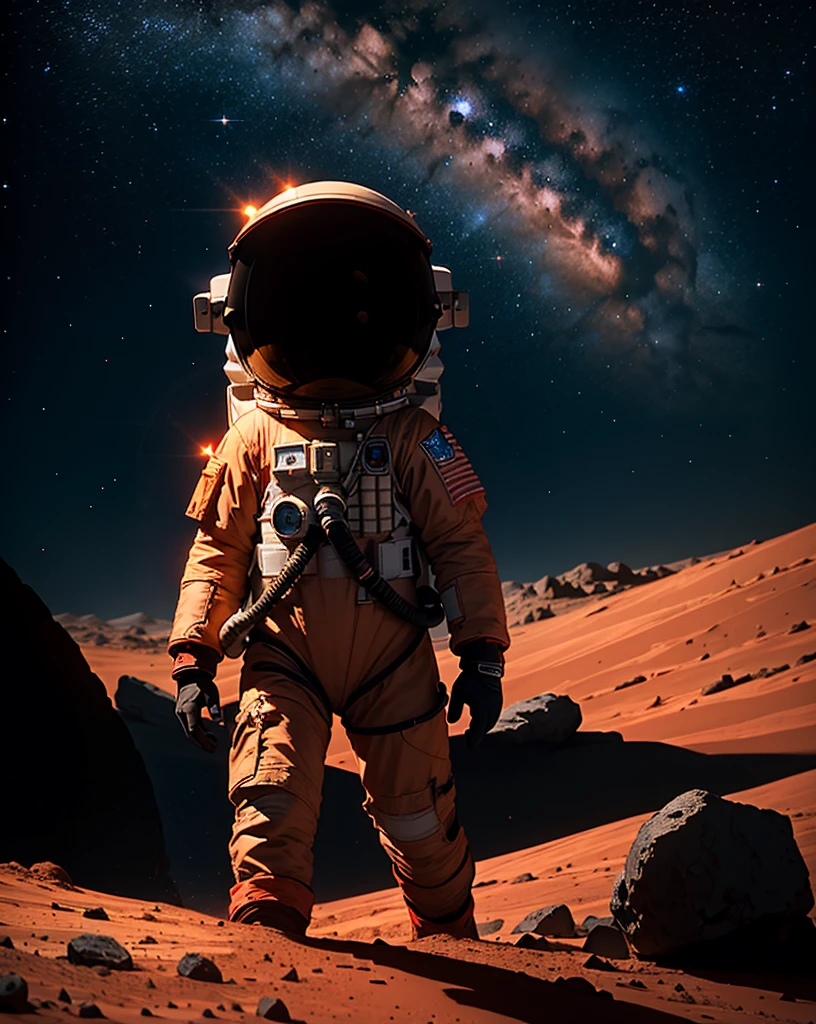 Create a painting of a single astronaut standing on Mars at night. The environment should be very rocky, with numerous stones scattered around. The Martian terrain is illuminated by the faint light of distant stars and the astronaut's headlamp. The sky is dark and filled with stars, highlighting the reddish hue of Mars' surface.