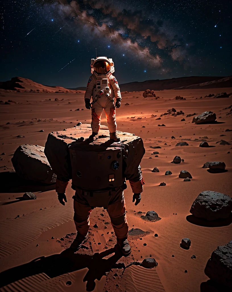 Create a painting of a single astronaut standing on Mars at night. The environment should be very rocky, with numerous stones scattered around. The Martian terrain is illuminated by the faint light of distant stars and the astronaut's headlamp. The sky is dark and filled with stars, highlighting the reddish hue of Mars' surface.